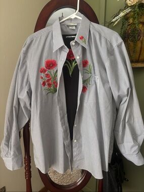 Striped Button-Down Shirt with Red Floral Embroidery matching knit shirt
